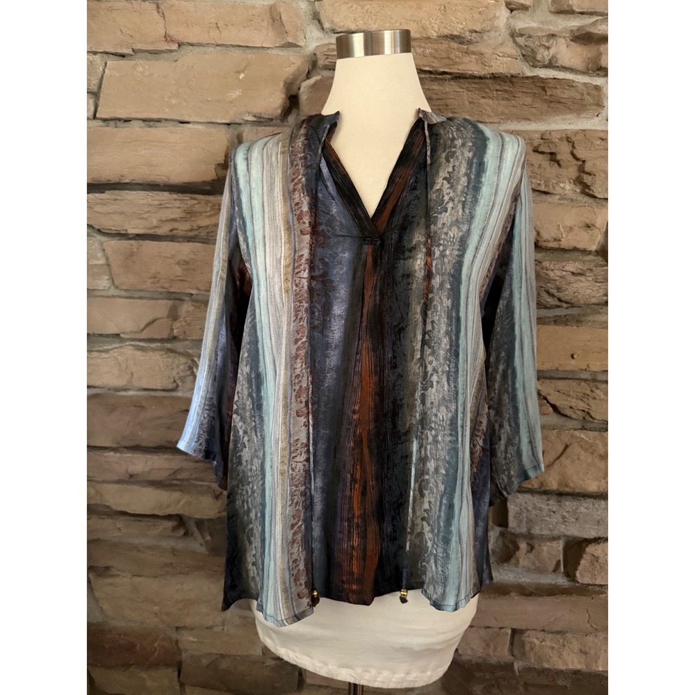 APNY New York Blue Abstract Stripe Cupro Viscose Split Neck Blouse NWT M